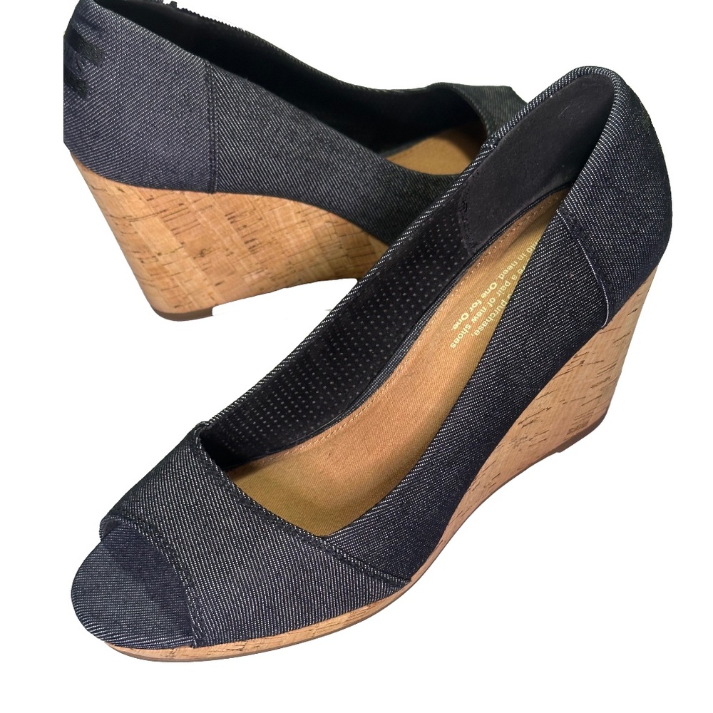 TOMS Denim Peep Toe Cork Wedges Womens 8.5